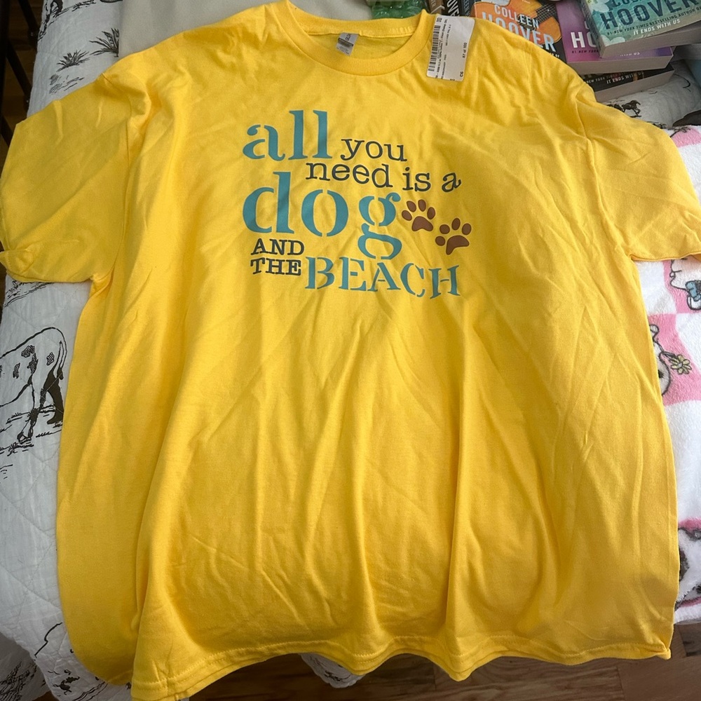 Yellow Short Sleeve Tee with 'All You Need is a Dog and the Beach' Print